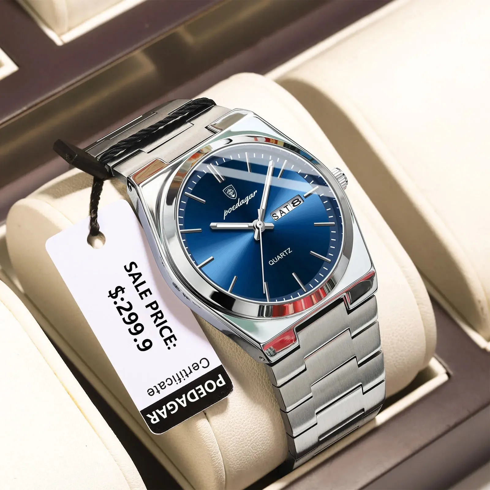 POEDAGAR Luxury Watch for Men - Waterproof, Luminous, Date and Week Display, Stainless Steel, Casual Quartz Men's Watch with Box