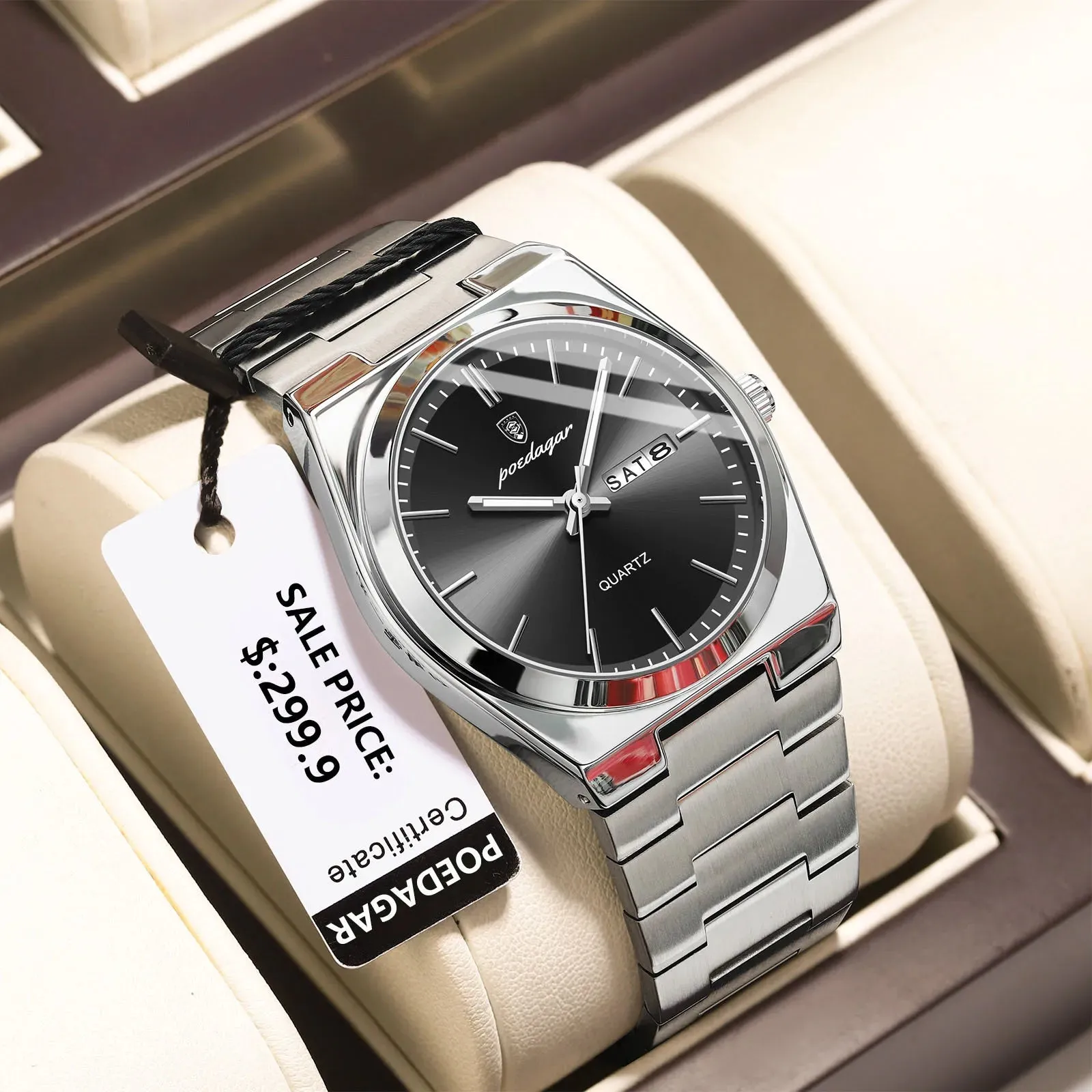 POEDAGAR Luxury Watch for Men - Waterproof, Luminous, Date and Week Display, Stainless Steel, Casual Quartz Men's Watch with Box