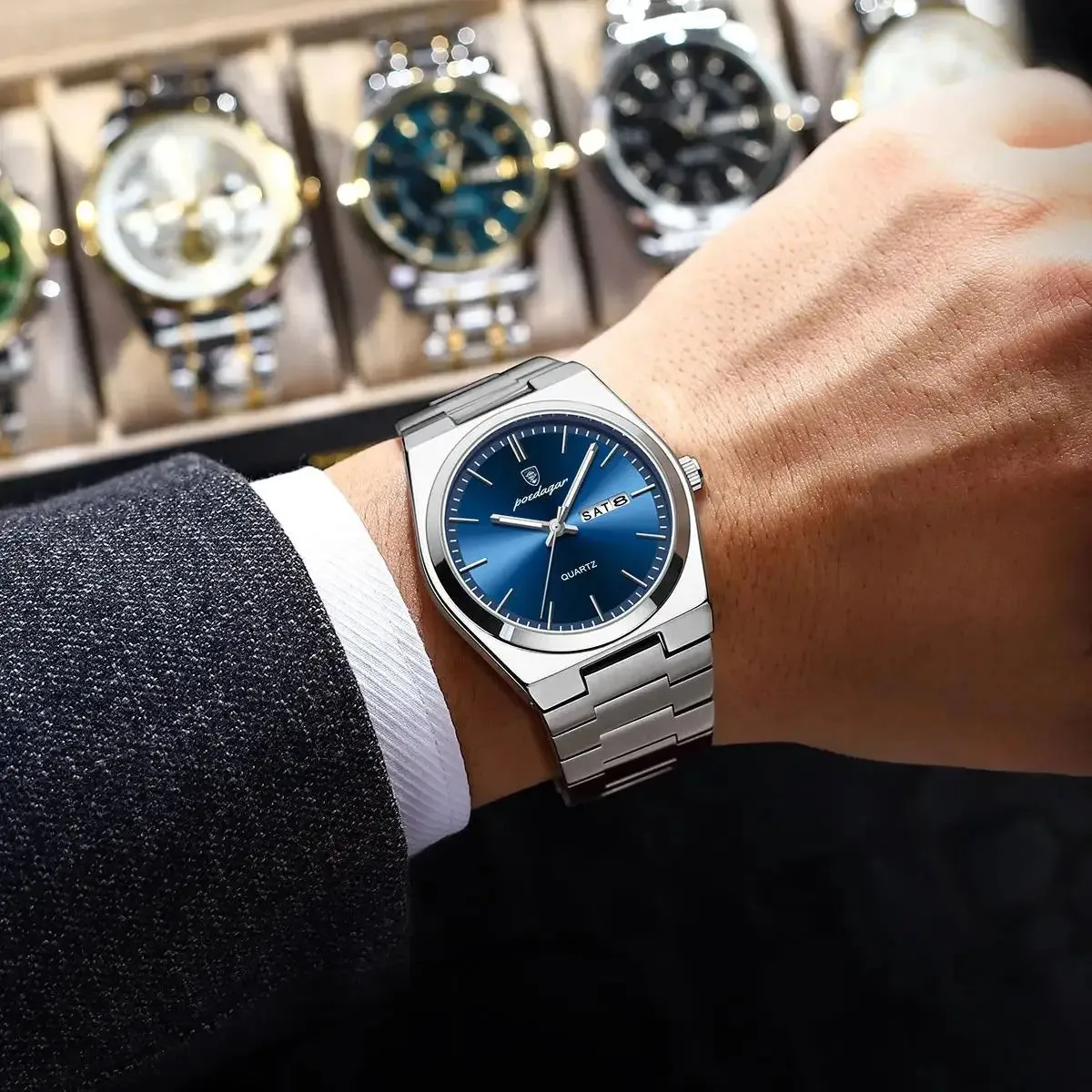POEDAGAR Luxury Watch for Men - Waterproof, Luminous, Date and Week Display, Stainless Steel, Casual Quartz Men's Watch with Box
