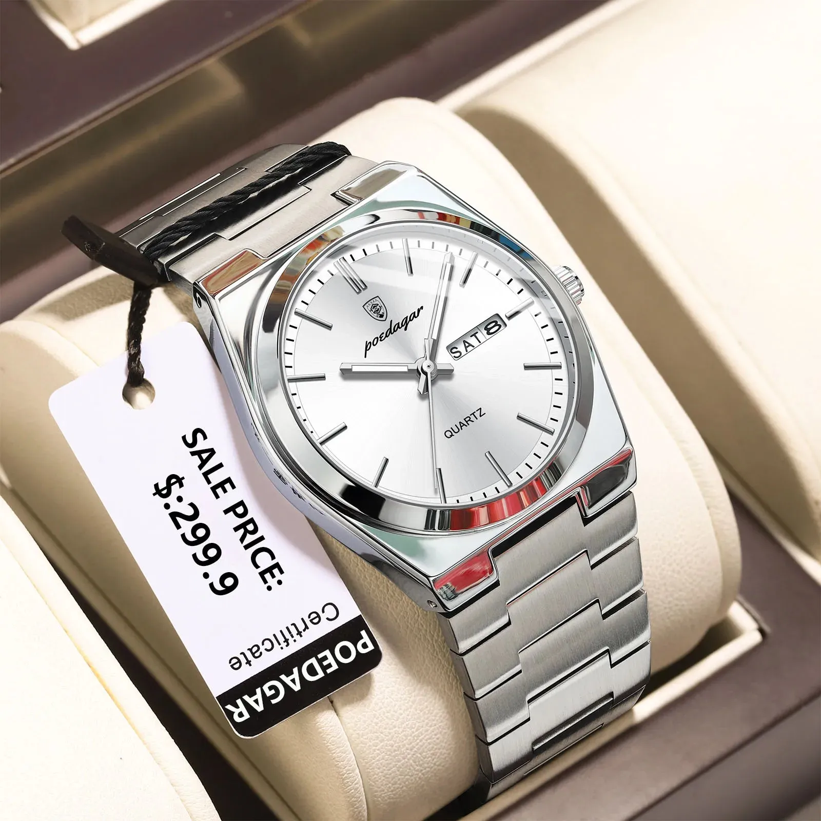 POEDAGAR Luxury Watch for Men - Waterproof, Luminous, Date and Week Display, Stainless Steel, Casual Quartz Men's Watch with Box