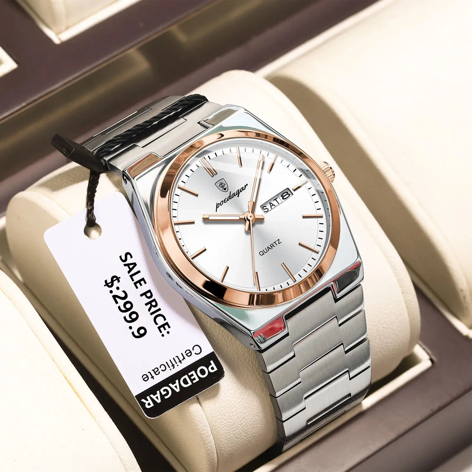 POEDAGAR Luxury Watch for Men - Waterproof, Luminous, Date and Week Display, Stainless Steel, Casual Quartz Men's Watch with Box