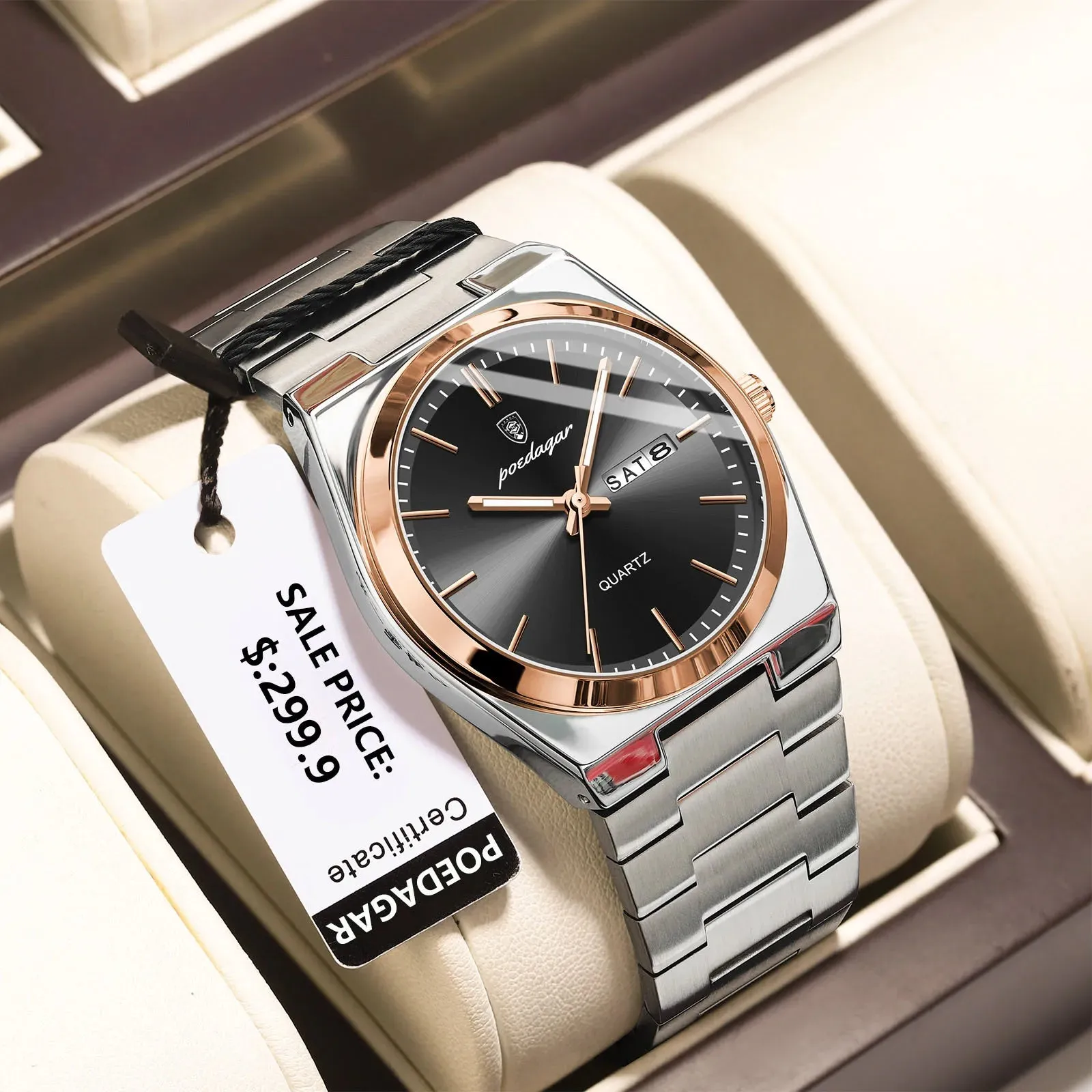 POEDAGAR Luxury Watch for Men - Waterproof, Luminous, Date and Week Display, Stainless Steel, Casual Quartz Men's Watch with Box