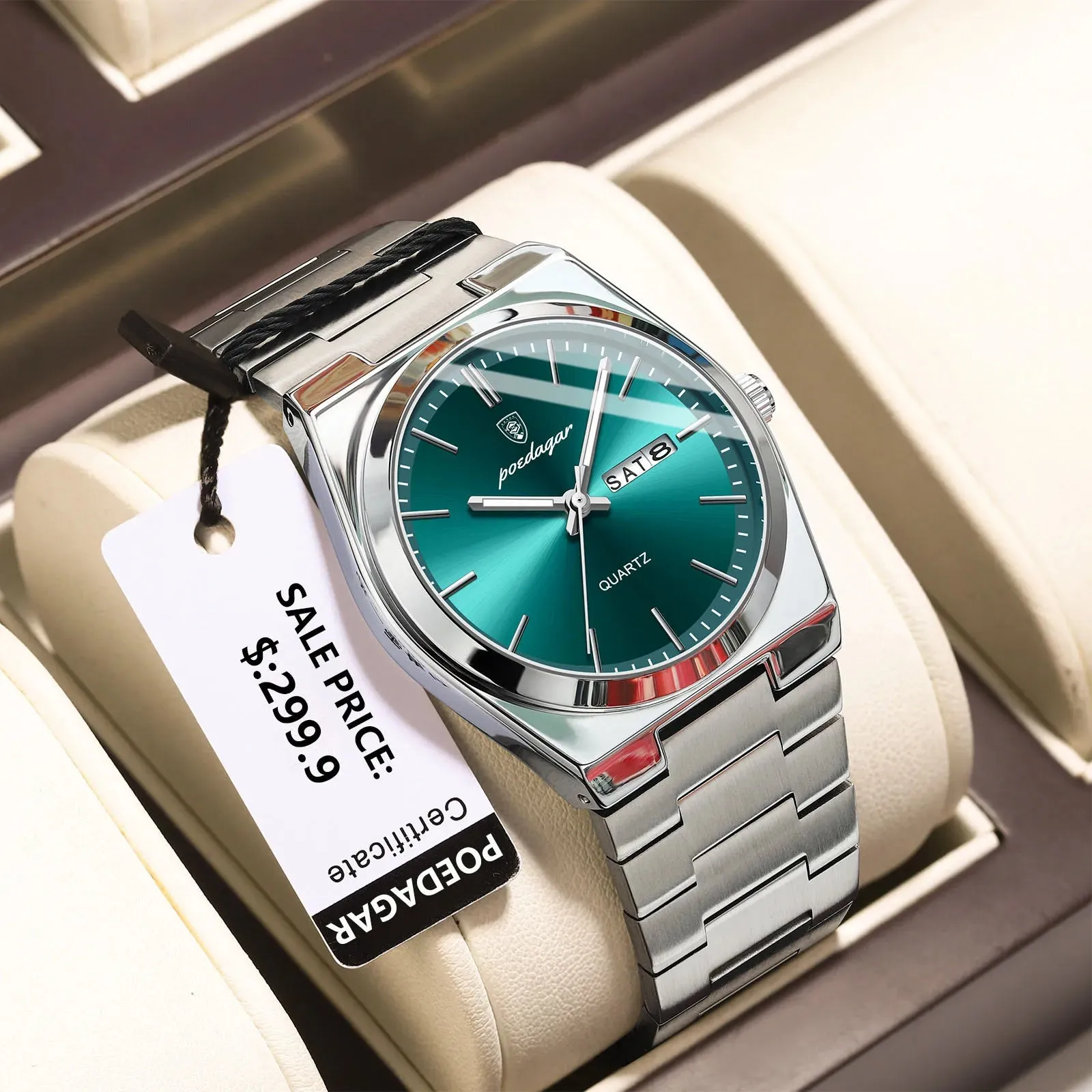 POEDAGAR Luxury Watch for Men - Waterproof, Luminous, Date and Week Display, Stainless Steel, Casual Quartz Men's Watch with Box