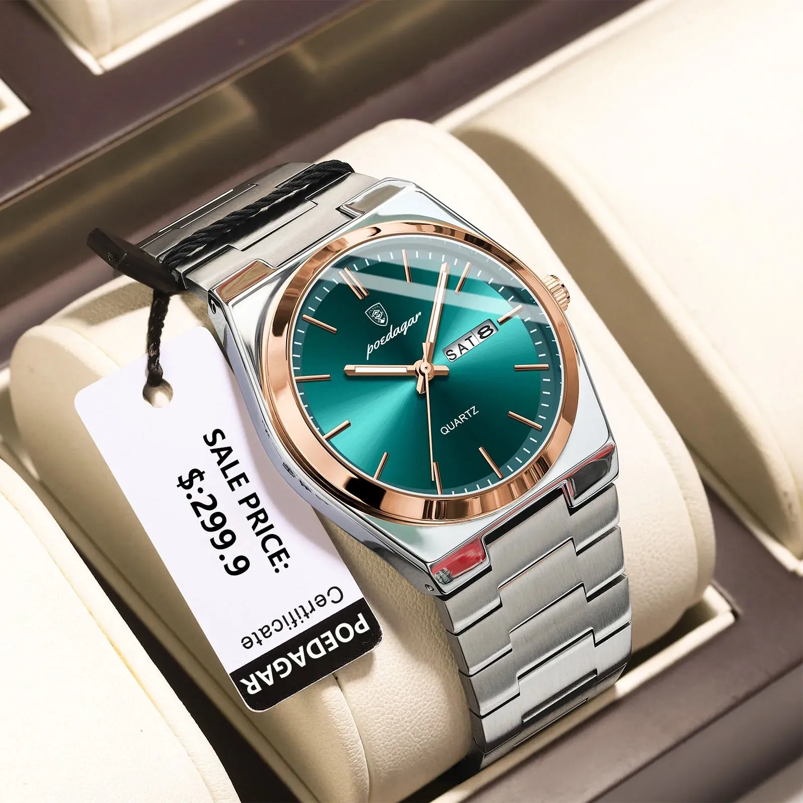 POEDAGAR Luxury Watch for Men - Waterproof, Luminous, Date and Week Display, Stainless Steel, Casual Quartz Men's Watch with Box