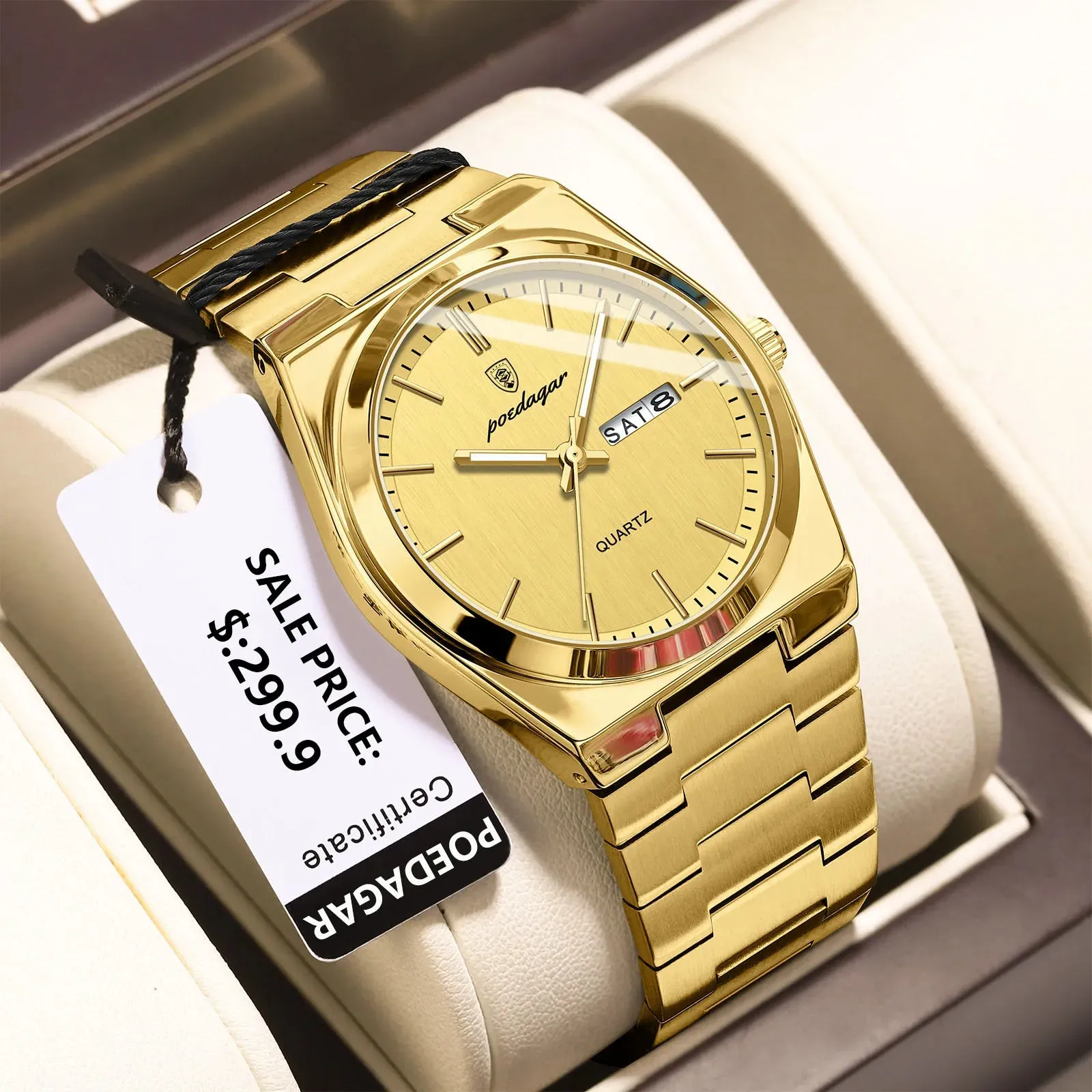 POEDAGAR Luxury Watch for Men - Waterproof, Luminous, Date and Week Display, Stainless Steel, Casual Quartz Men's Watch with Box