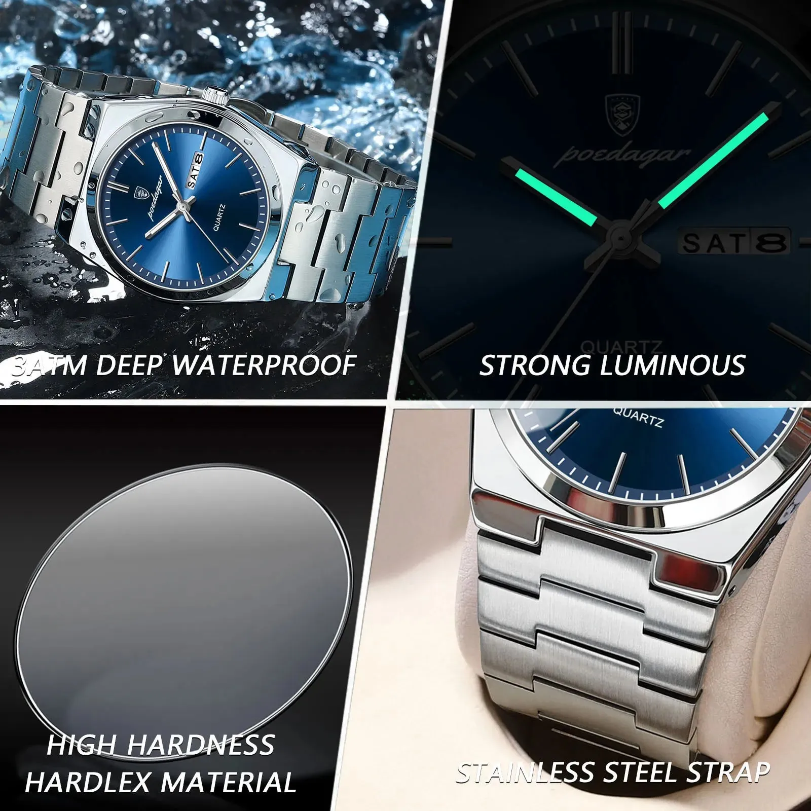 POEDAGAR Luxury Watch for Men - Waterproof, Luminous, Date and Week Display, Stainless Steel, Casual Quartz Men's Watch with Box