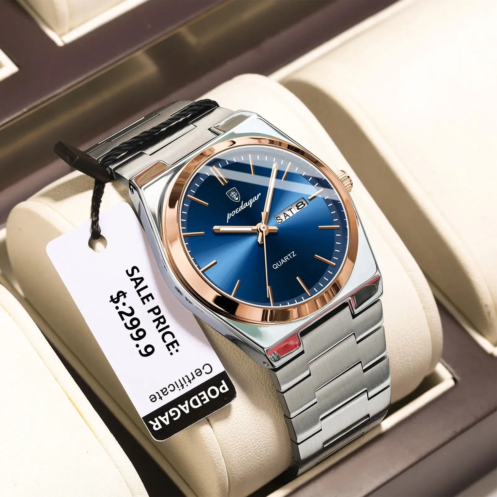 POEDAGAR Luxury Watch for Men - Waterproof, Luminous, Date and Week Display, Stainless Steel, Casual Quartz Men's Watch with Box