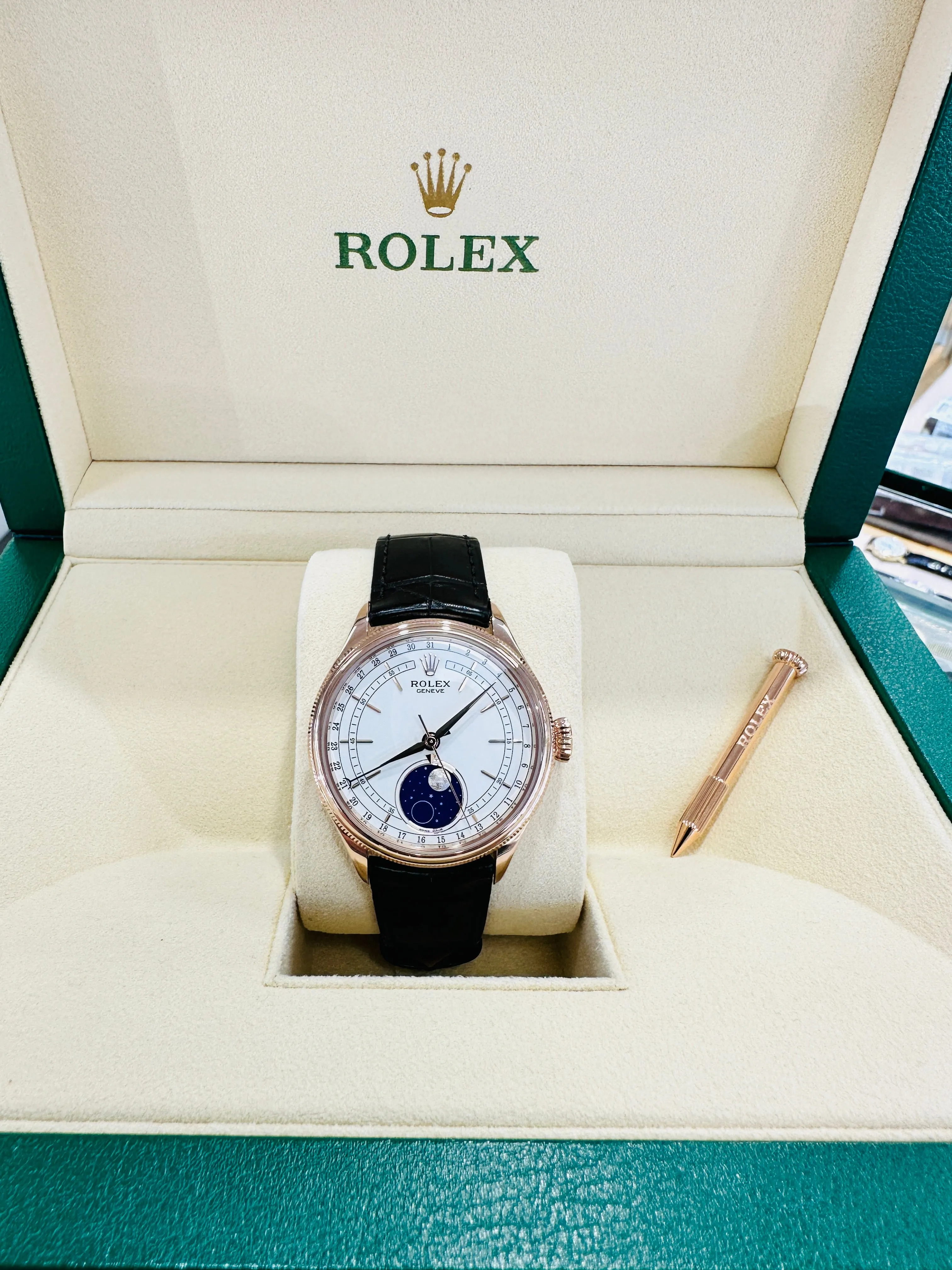 Rolex Cellini Moonphase 50535 18ct Everose Gold Brown Leather Strap Box & Papers
