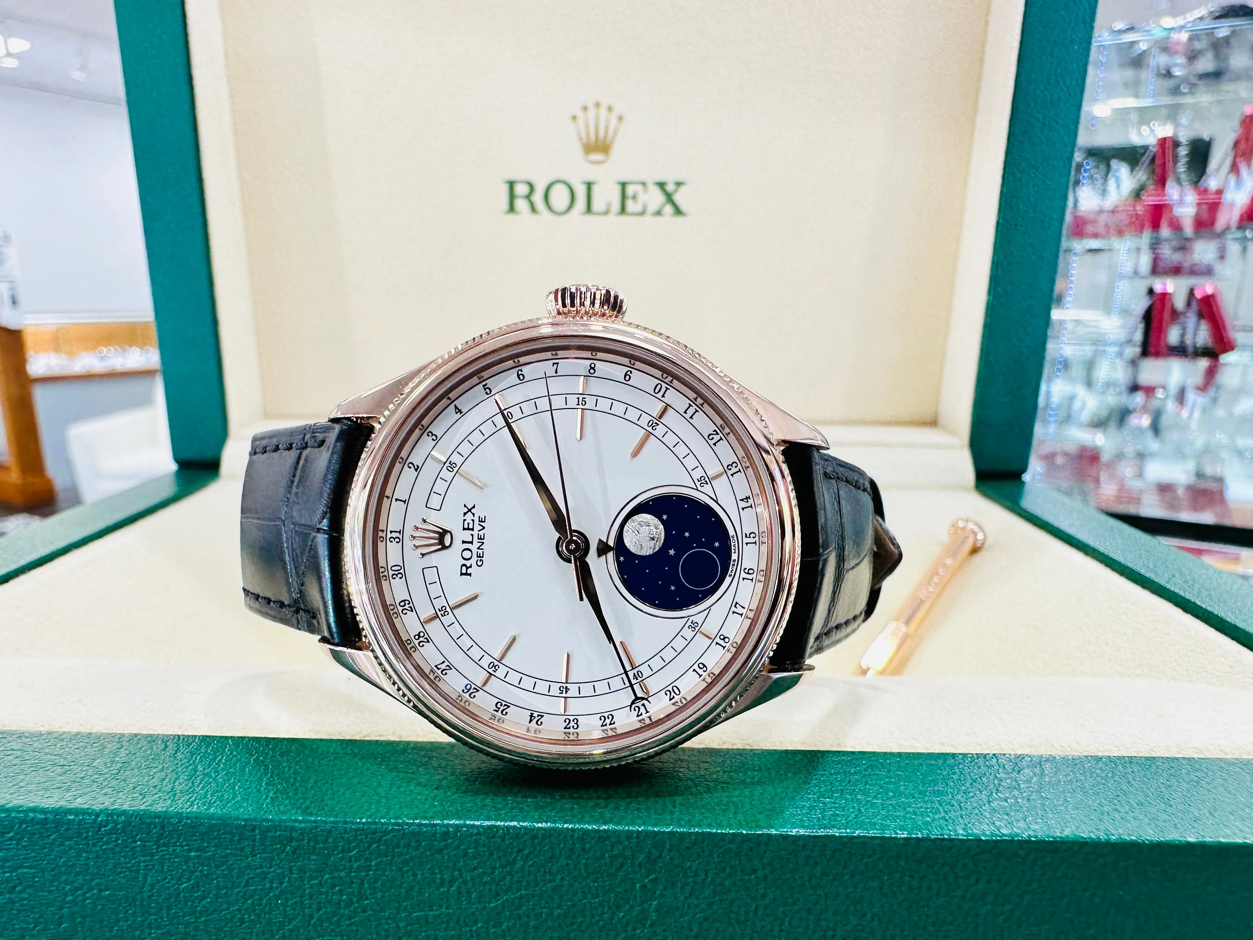 Rolex Cellini Moonphase 50535 18ct Everose Gold Brown Leather Strap Box & Papers