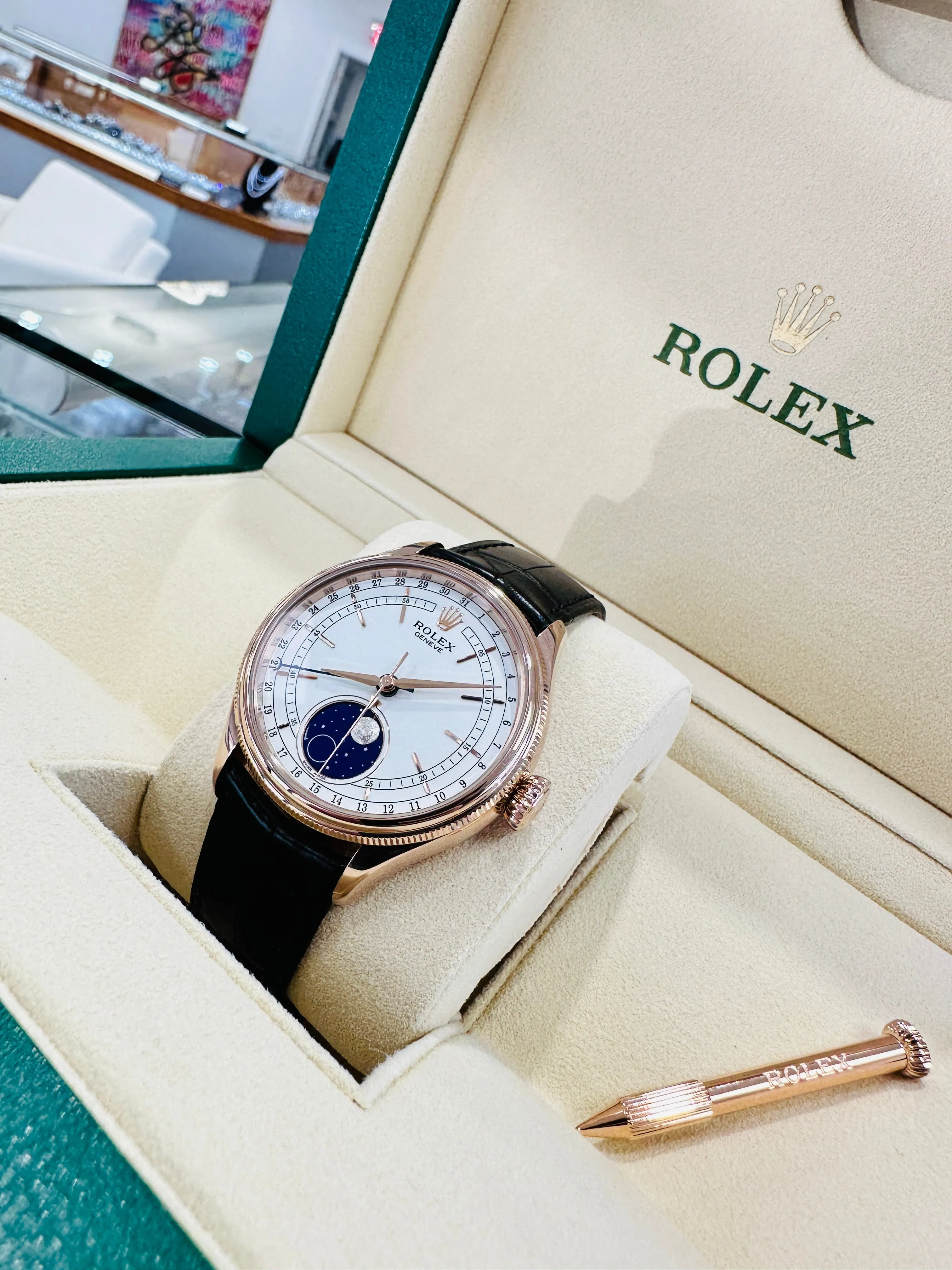 Rolex Cellini Moonphase 50535 18ct Everose Gold Brown Leather Strap Box & Papers