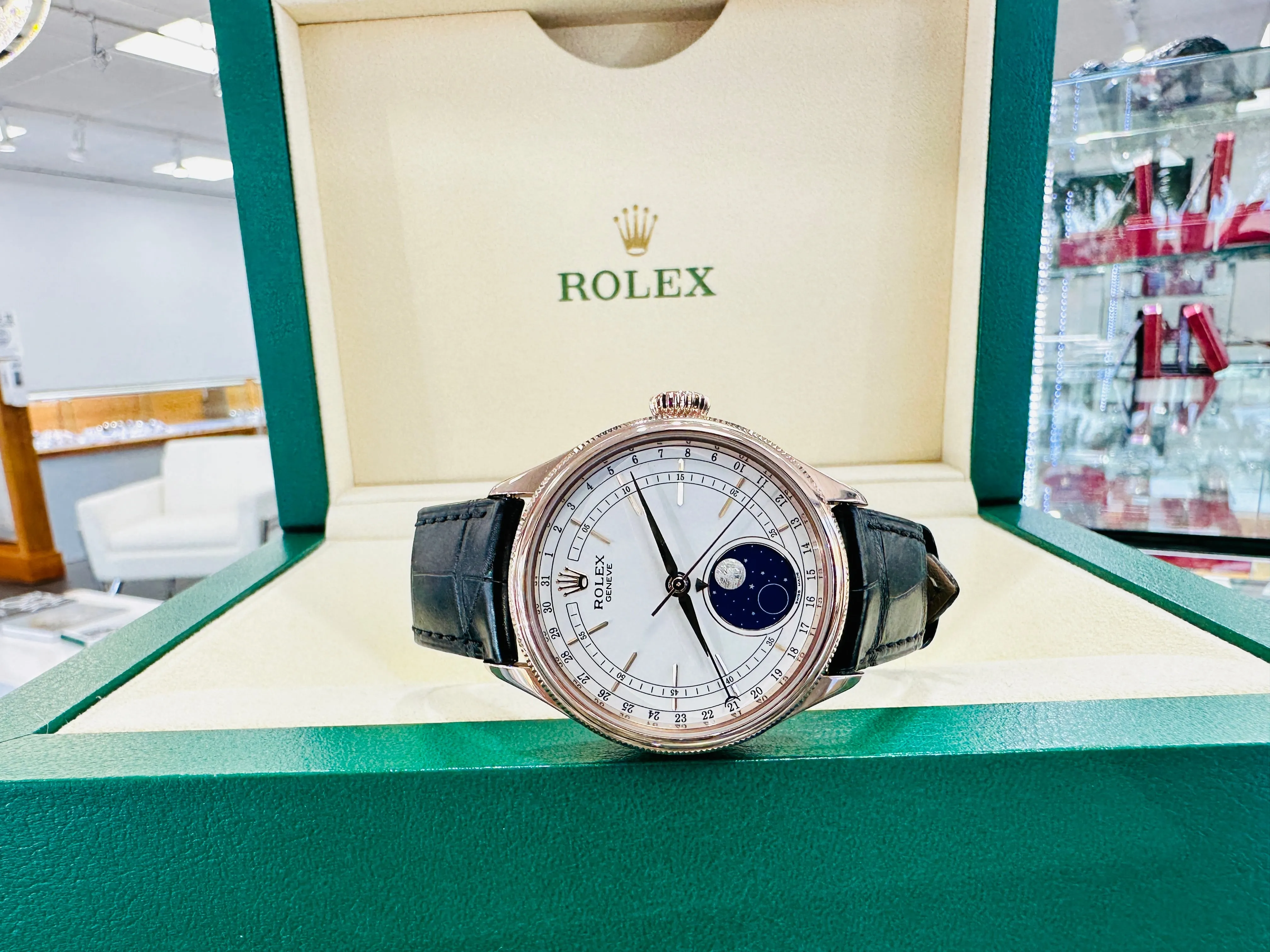 Rolex Cellini Moonphase 50535 18ct Everose Gold Brown Leather Strap Box & Papers