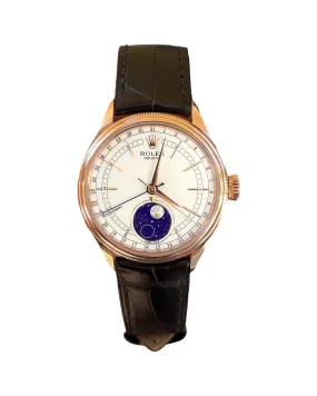 Rolex Cellini Moonphase 50535 18ct Everose Gold Brown Leather Strap Box & Papers