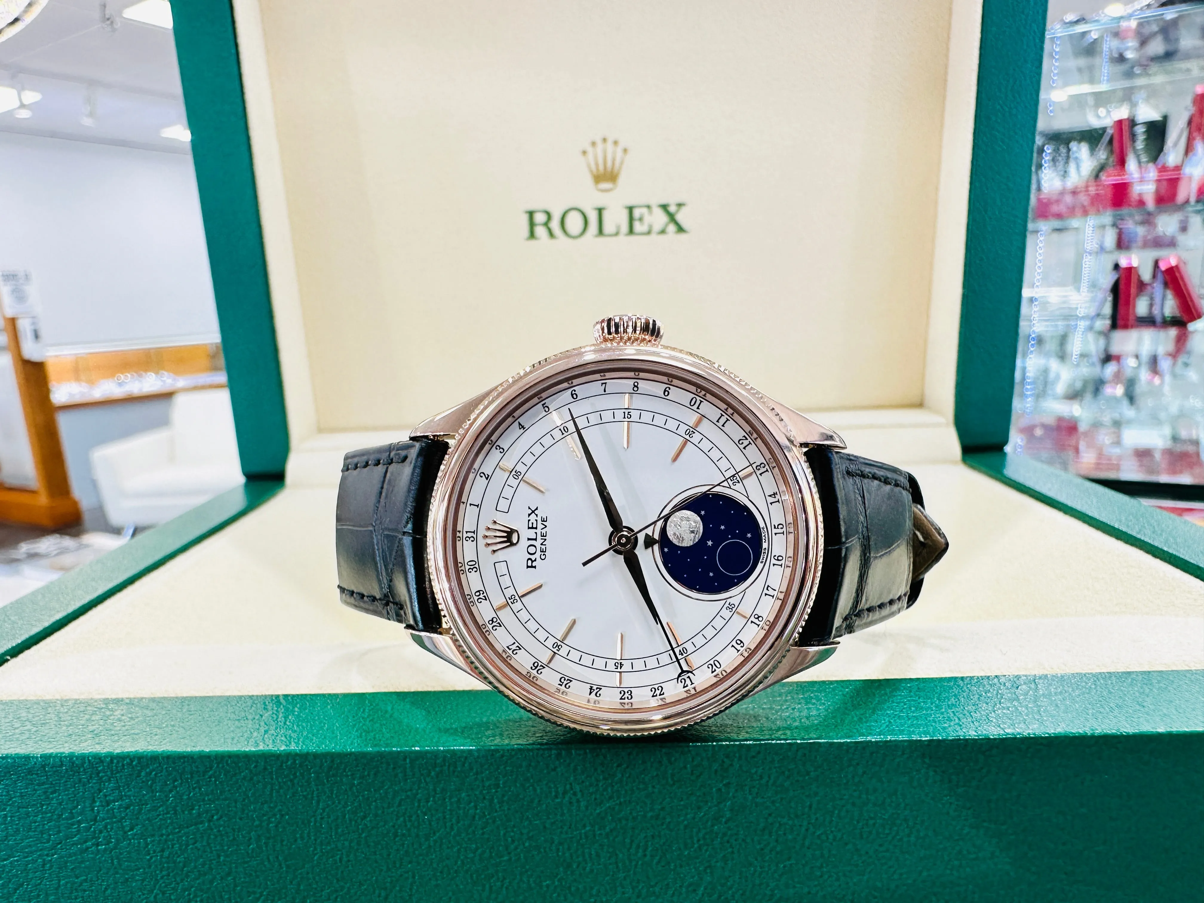 Rolex Cellini Moonphase 50535 18ct Everose Gold Brown Leather Strap Box & Papers