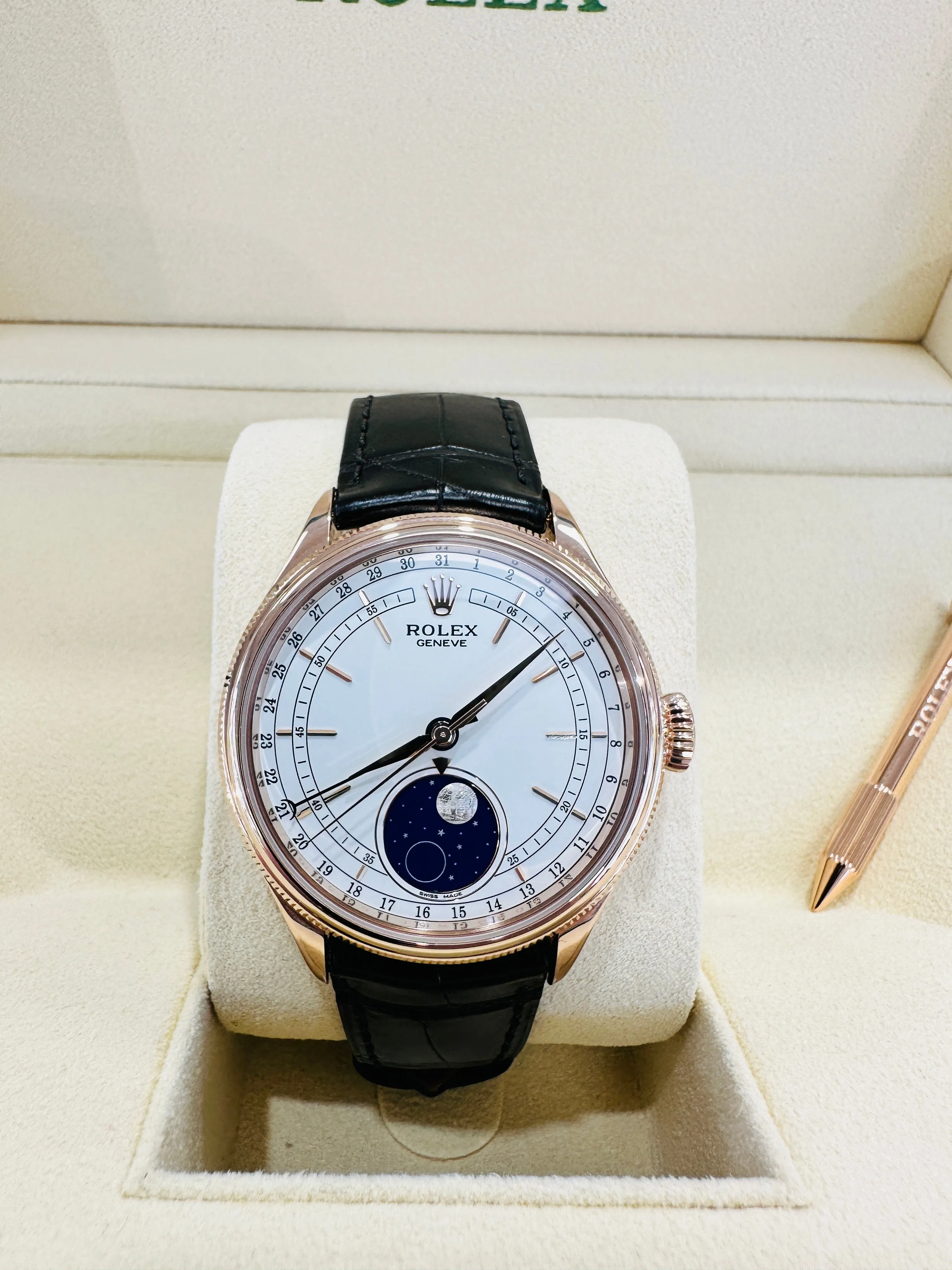 Rolex Cellini Moonphase 50535 18ct Everose Gold Brown Leather Strap Box & Papers