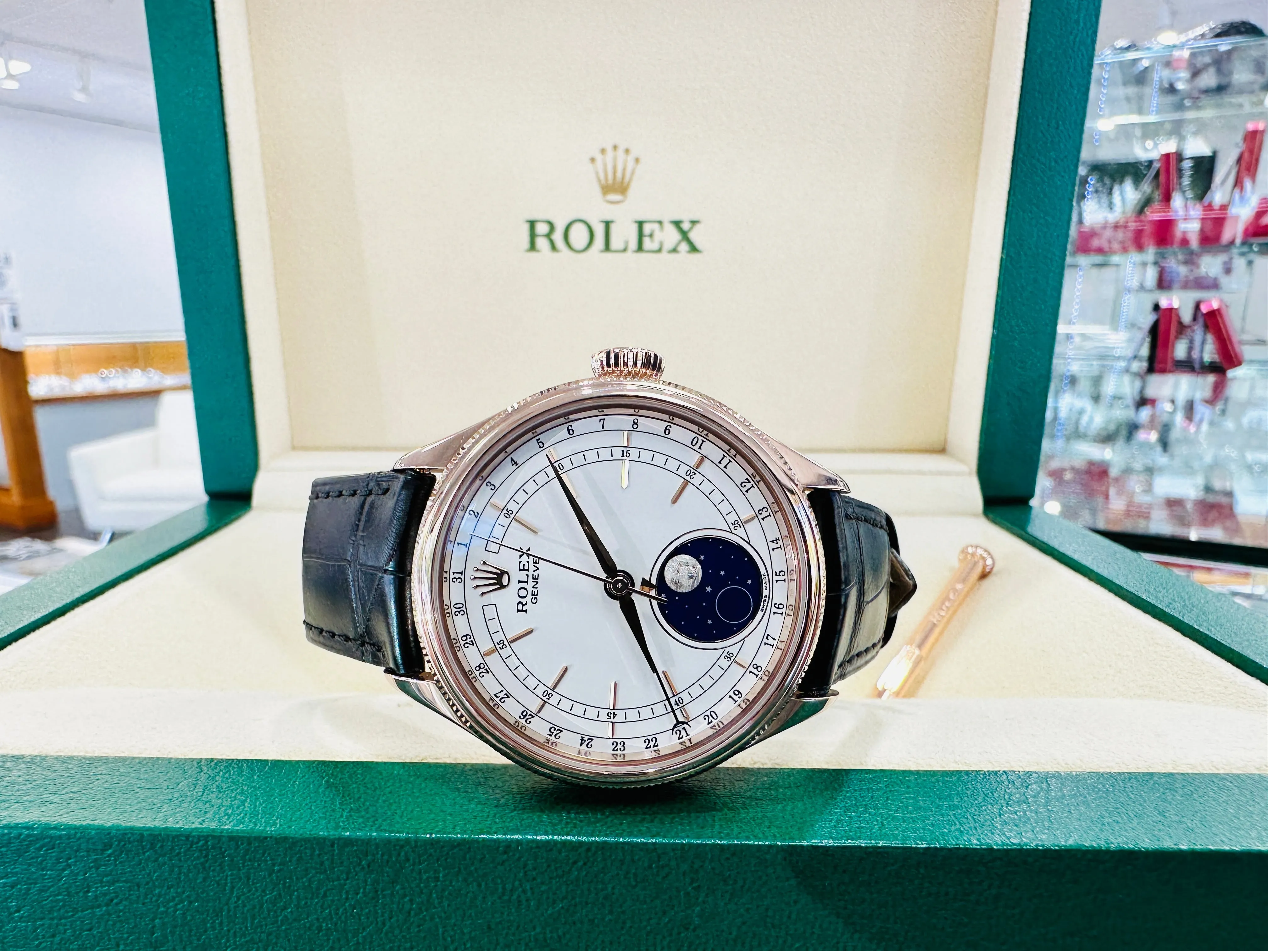 Rolex Cellini Moonphase 50535 18ct Everose Gold Brown Leather Strap Box & Papers