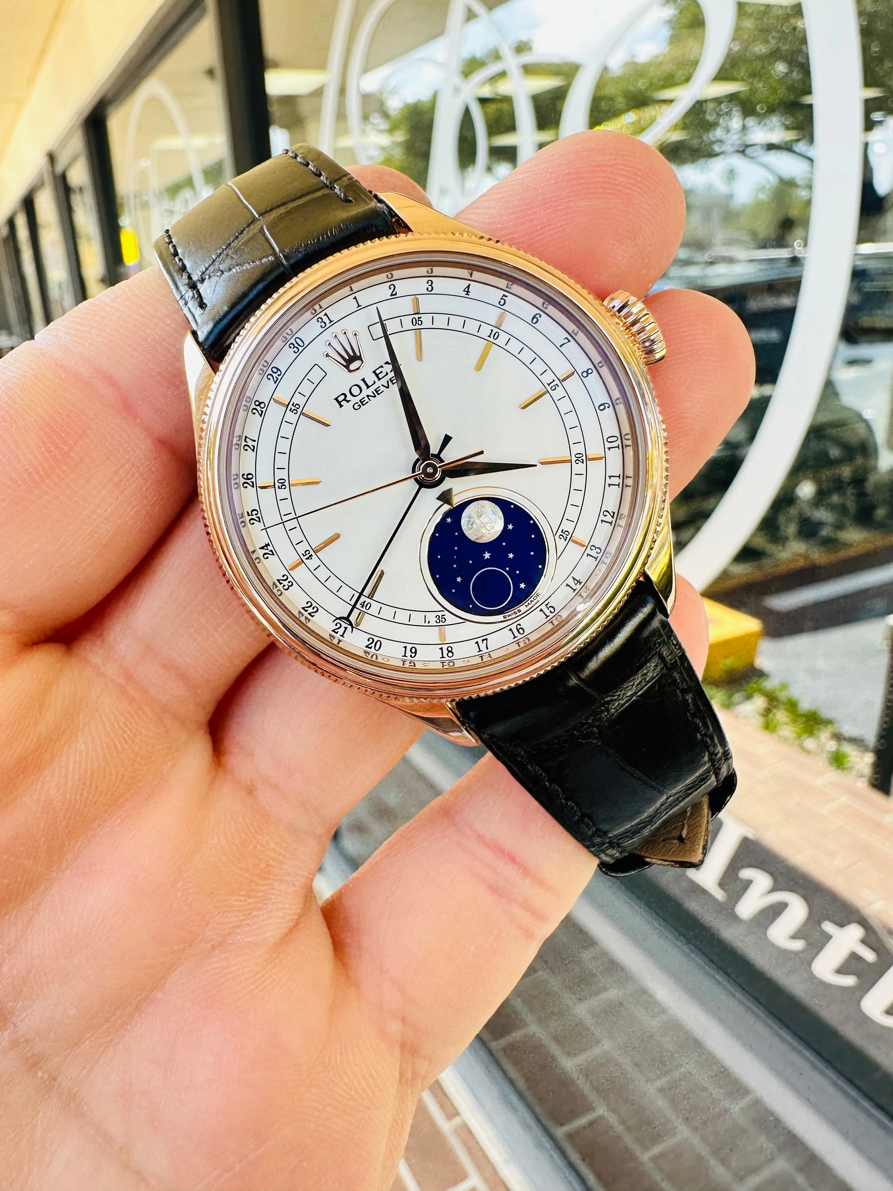 Rolex Cellini Moonphase 50535 18ct Everose Gold Brown Leather Strap Box & Papers