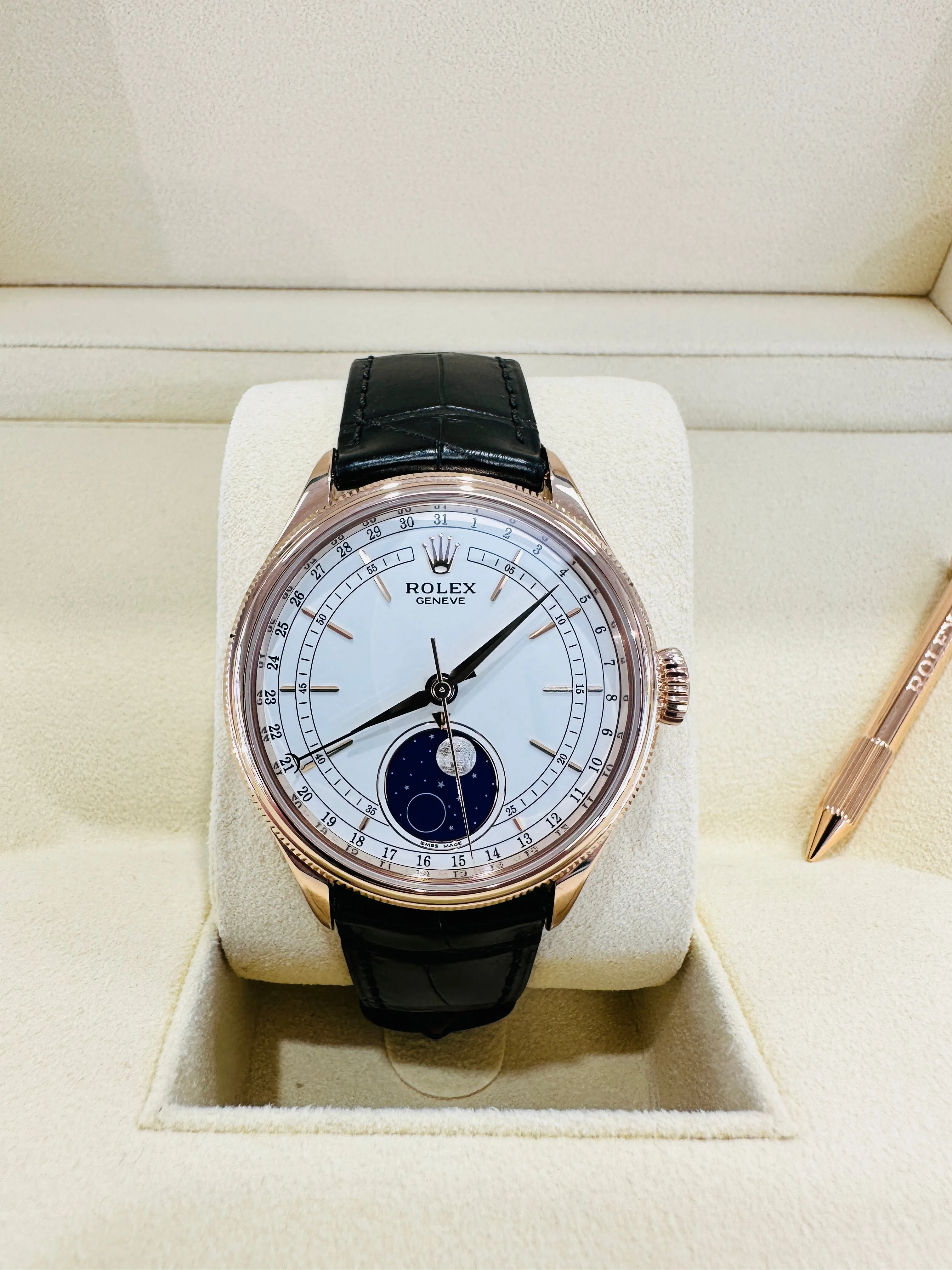 Rolex Cellini Moonphase 50535 18ct Everose Gold Brown Leather Strap Box & Papers