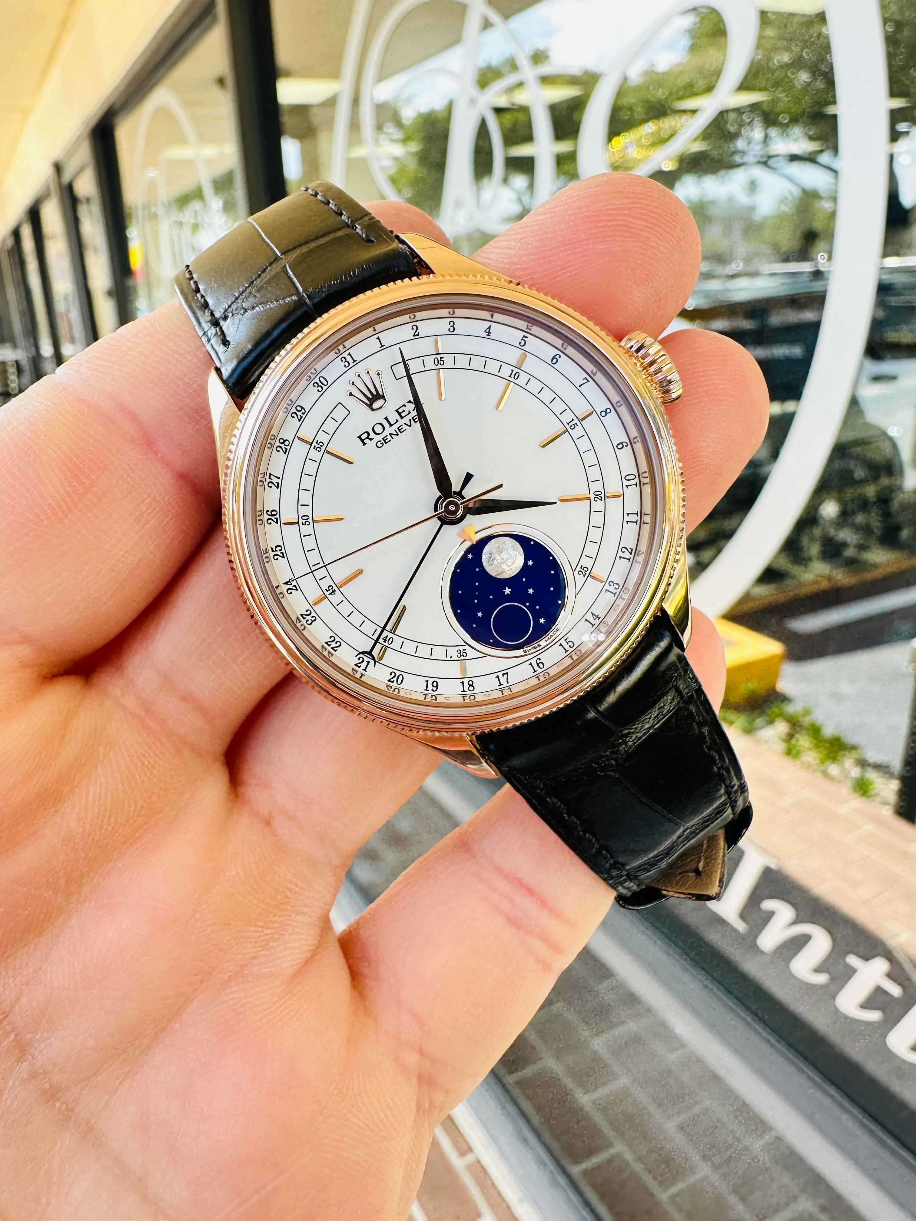 Rolex Cellini Moonphase 50535 18ct Everose Gold Brown Leather Strap Box & Papers