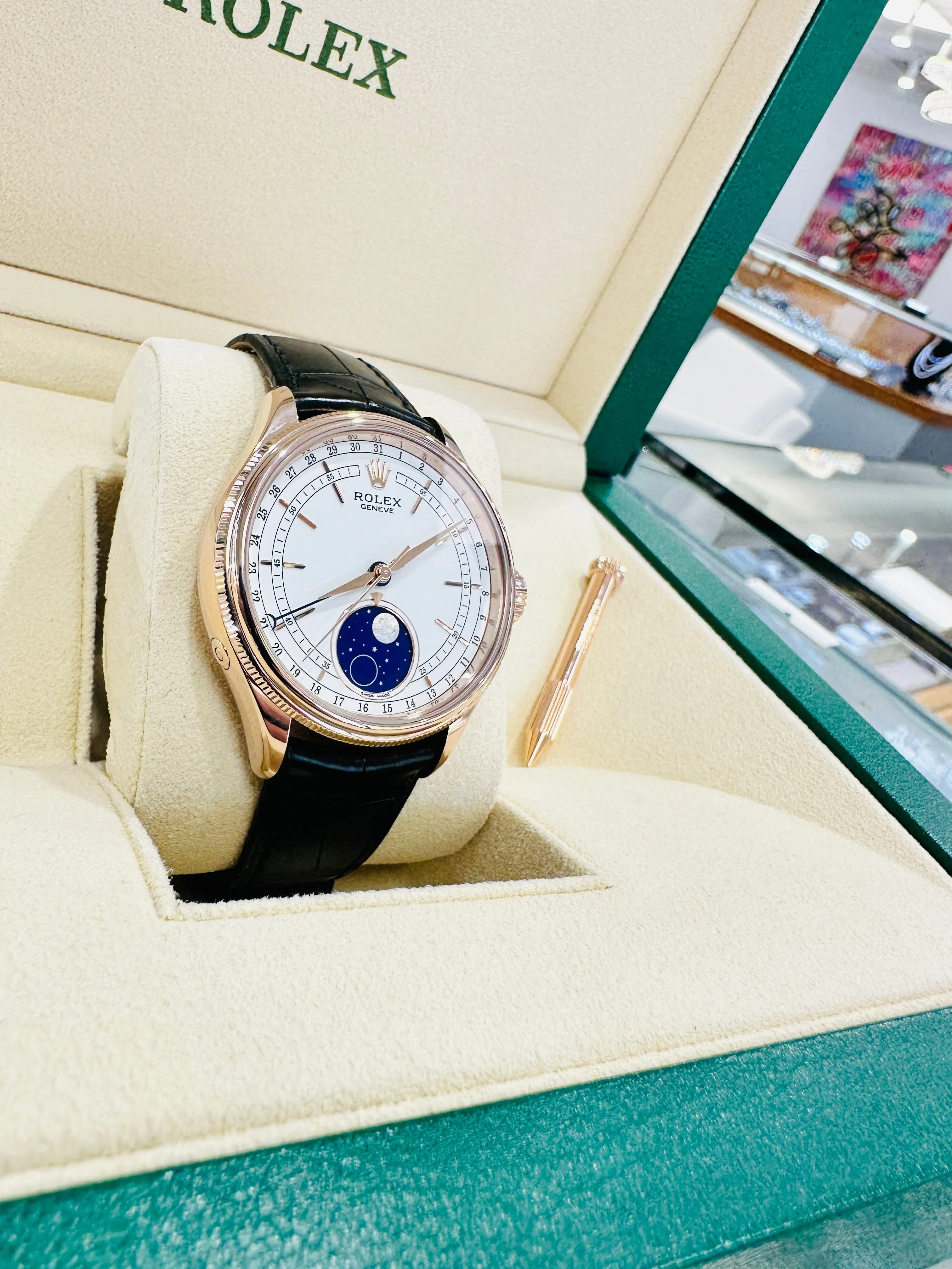 Rolex Cellini Moonphase 50535 18ct Everose Gold Brown Leather Strap Box & Papers