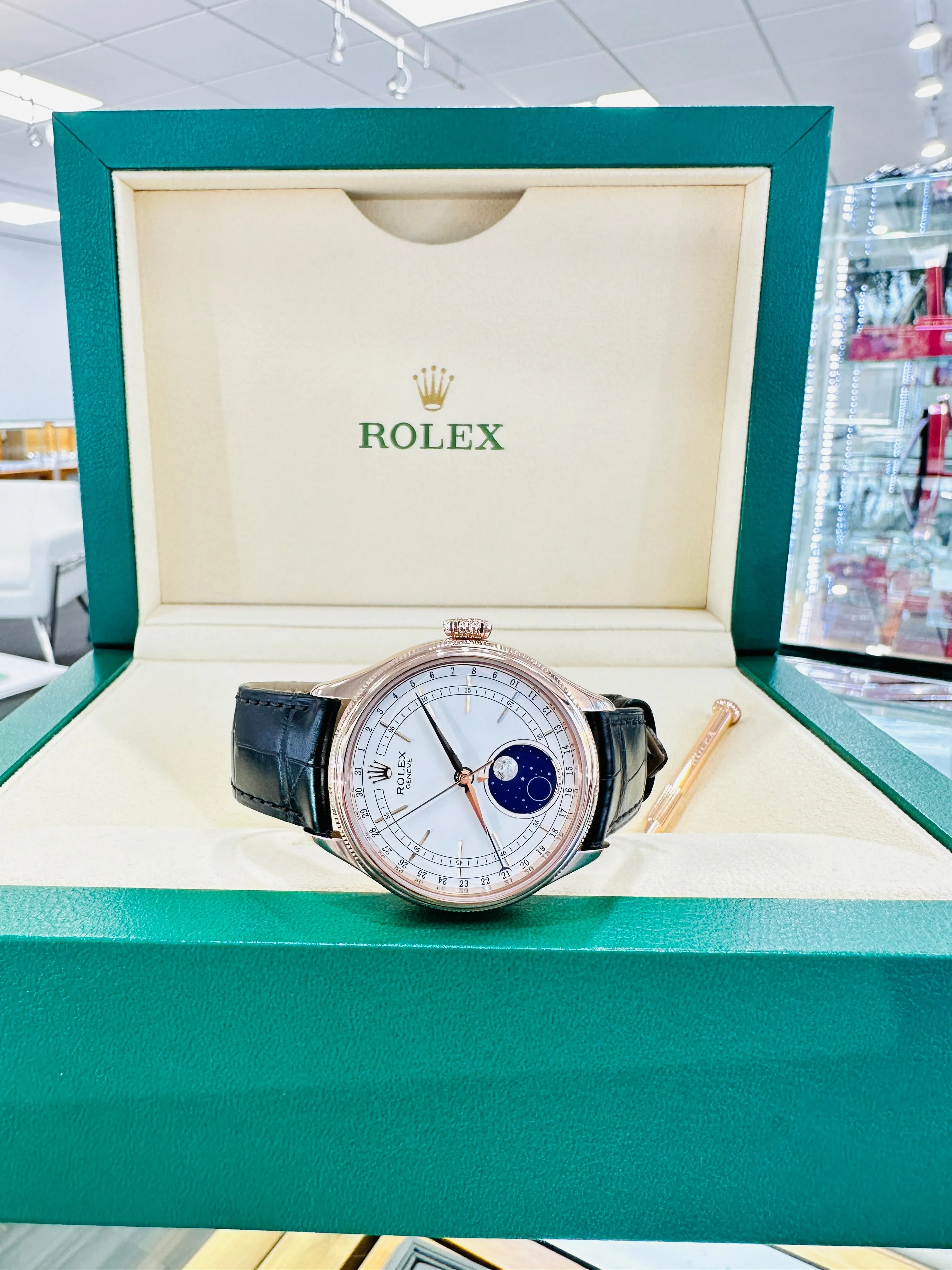 Rolex Cellini Moonphase 50535 18ct Everose Gold Brown Leather Strap Box & Papers