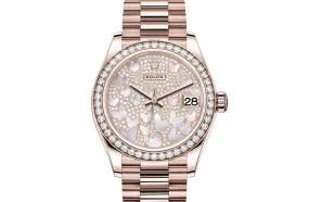 Rolex Datejust 31 Automatic Mother of Pearl Butterfly Diamond Pave Dial Ladies 18 ct Everose Gold President Watch 278285PAVEP