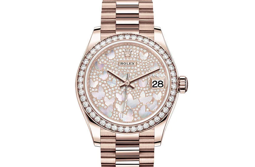 Rolex Datejust 31 Automatic Mother of Pearl Butterfly Diamond Pave Dial Ladies 18 ct Everose Gold President Watch 278285PAVEP