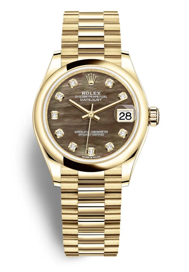 Rolex Datejust 31 Black Mother of Pearl Diamond Ladies 18kt Yellow Gold President Watch 278248BKMDP