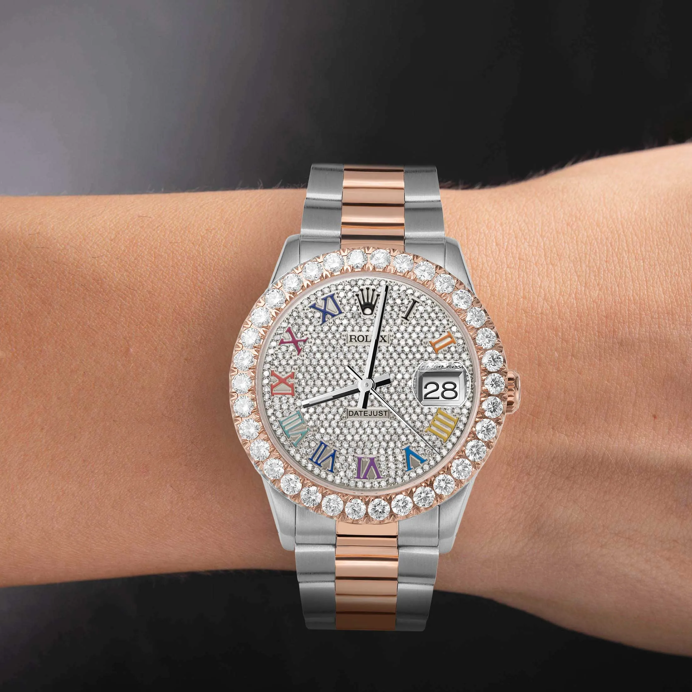 Rolex Datejust Diamond Bezel Watch 36mm Rainbow Roman Dial | 4.25ct