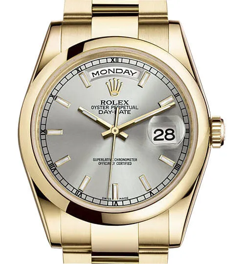 Rolex Day-Date Silver Dial 18K Yellow Gold Oyster Bracelet Automatic Men's Watch 118208SSO
