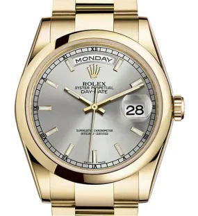 Rolex Day-Date Silver Dial 18K Yellow Gold Oyster Bracelet Automatic Men's Watch 118208SSO