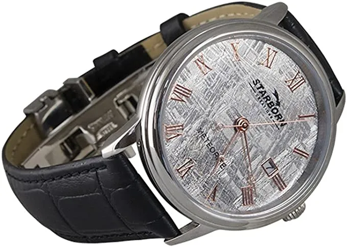 Starborn Creations Genuine Muonionalusta Automatic Self Winding Meteorite Watch with Black Leather Band