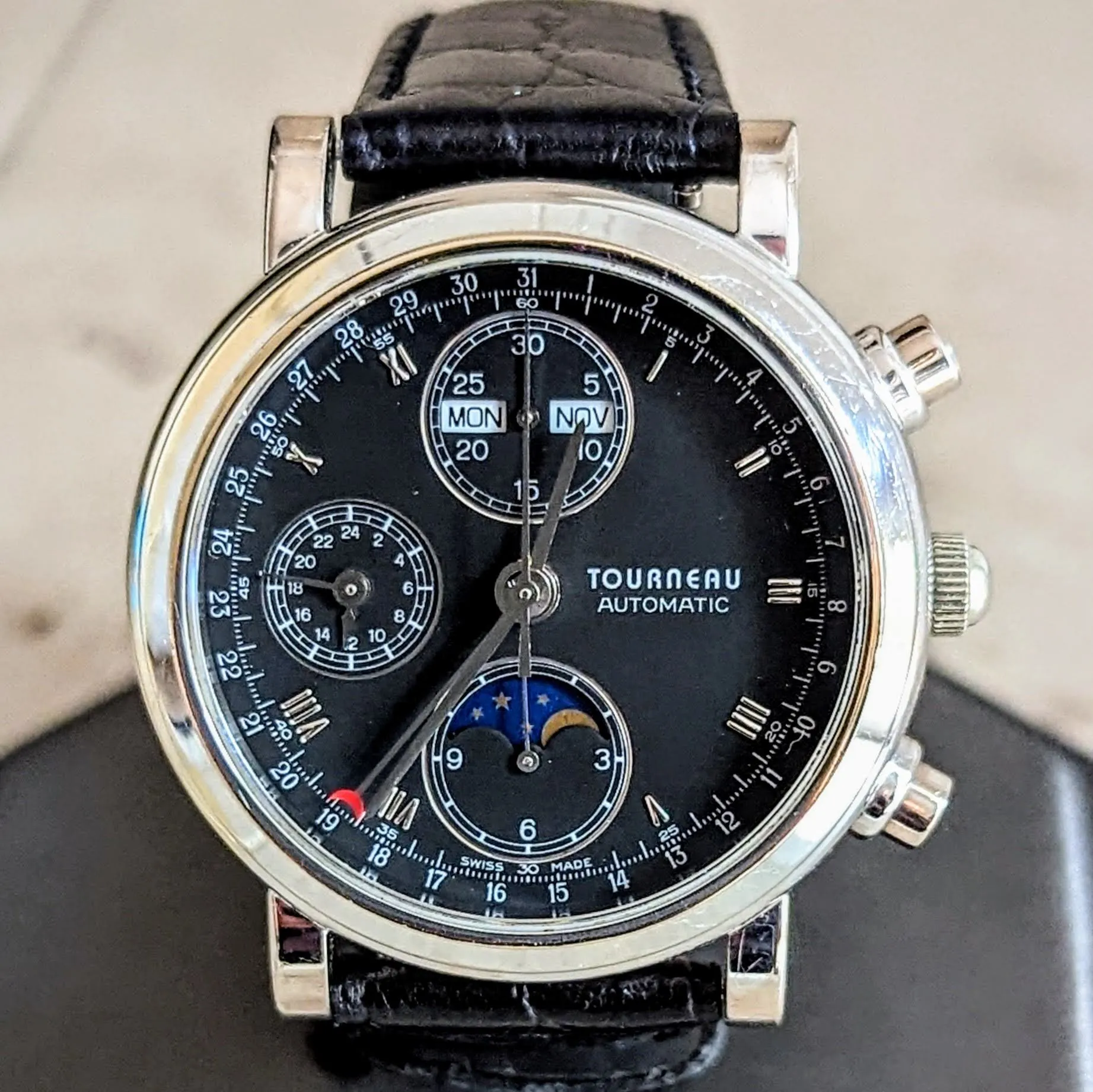 TOURNEAU Automatic Watch Day/Date Moonphase Chronograph 18K Gold Wristwatch