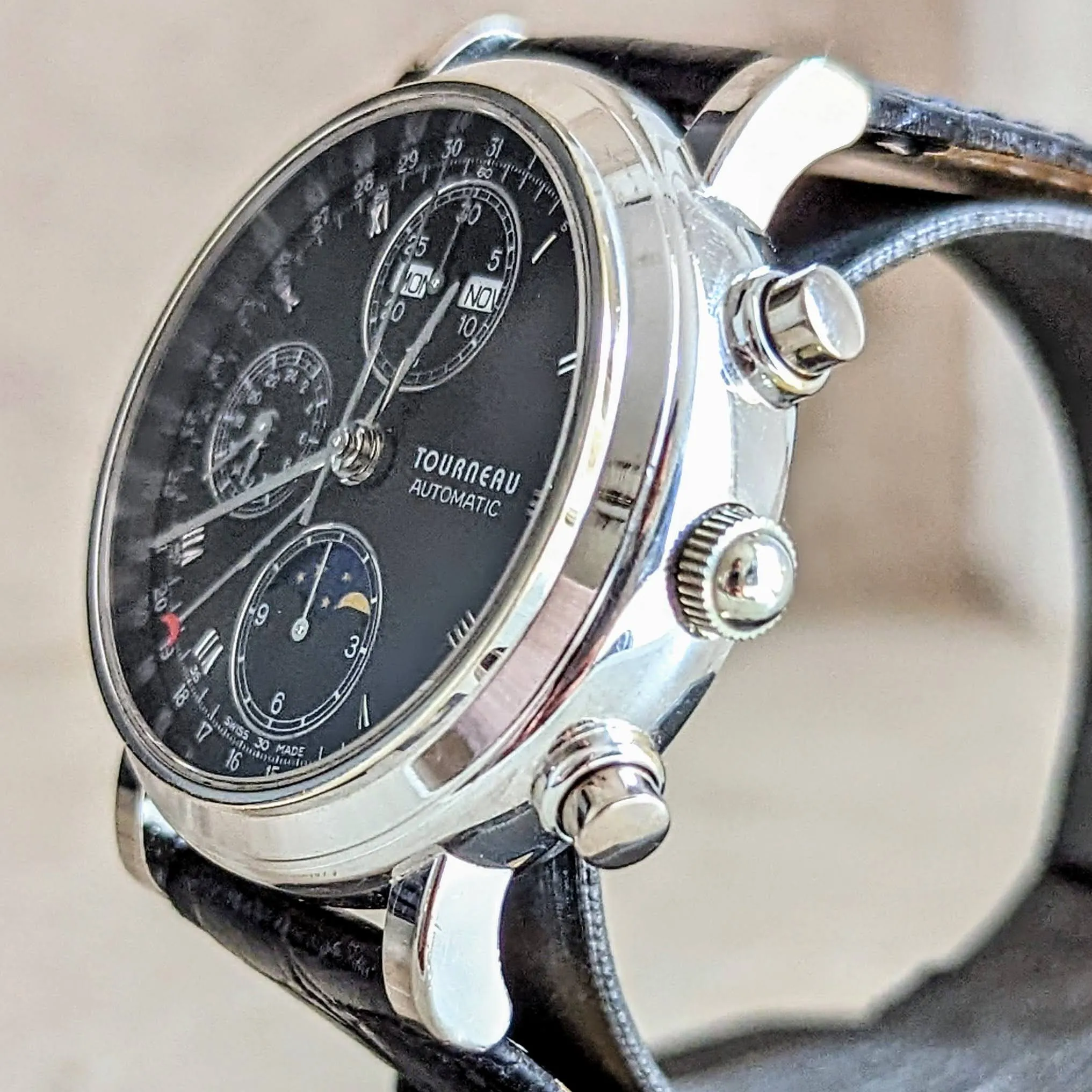 TOURNEAU Automatic Watch Day/Date Moonphase Chronograph 18K Gold Wristwatch