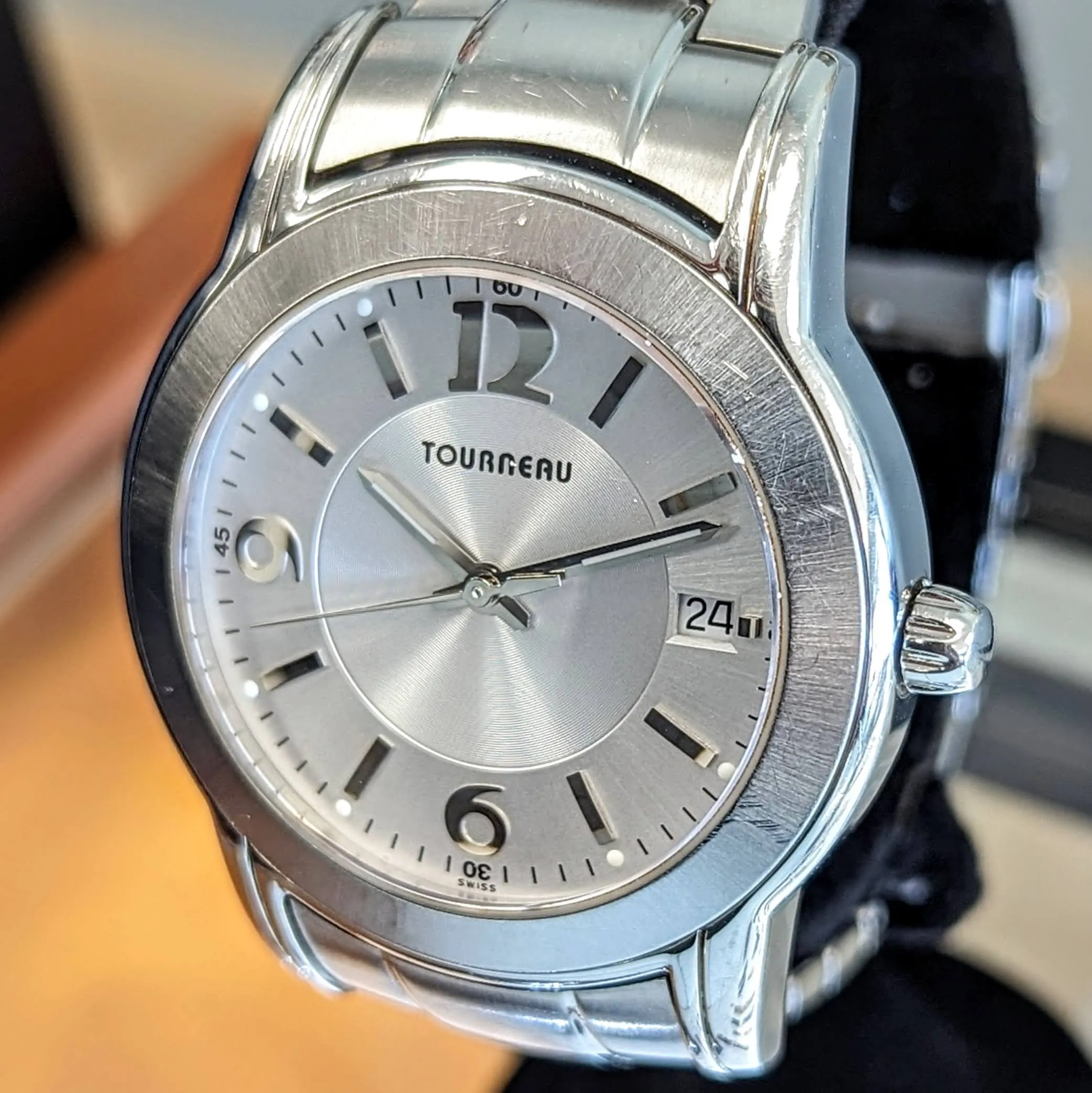 TOURNEAU Swiss Quartz Watch Date Indicator 37mm Wristwatch - All Stainless Steel