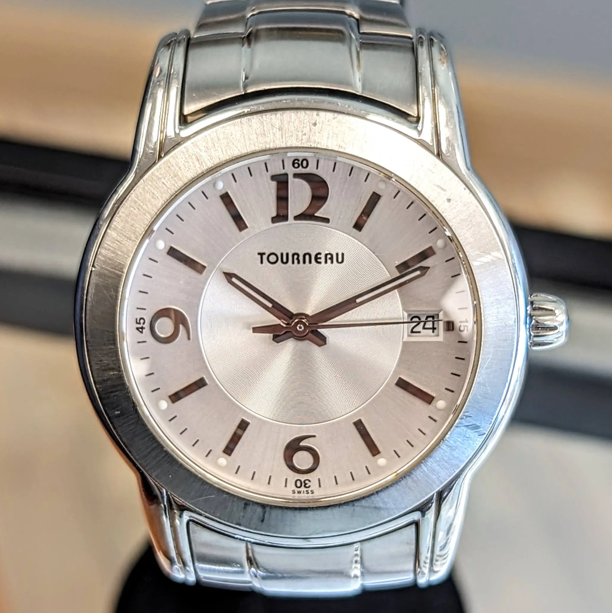 TOURNEAU Swiss Quartz Watch Date Indicator 37mm Wristwatch - All Stainless Steel