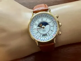 Vintage 90s Timex Quartz Perpetual Calendar Moon Phase Day Date Wristwatch Watch