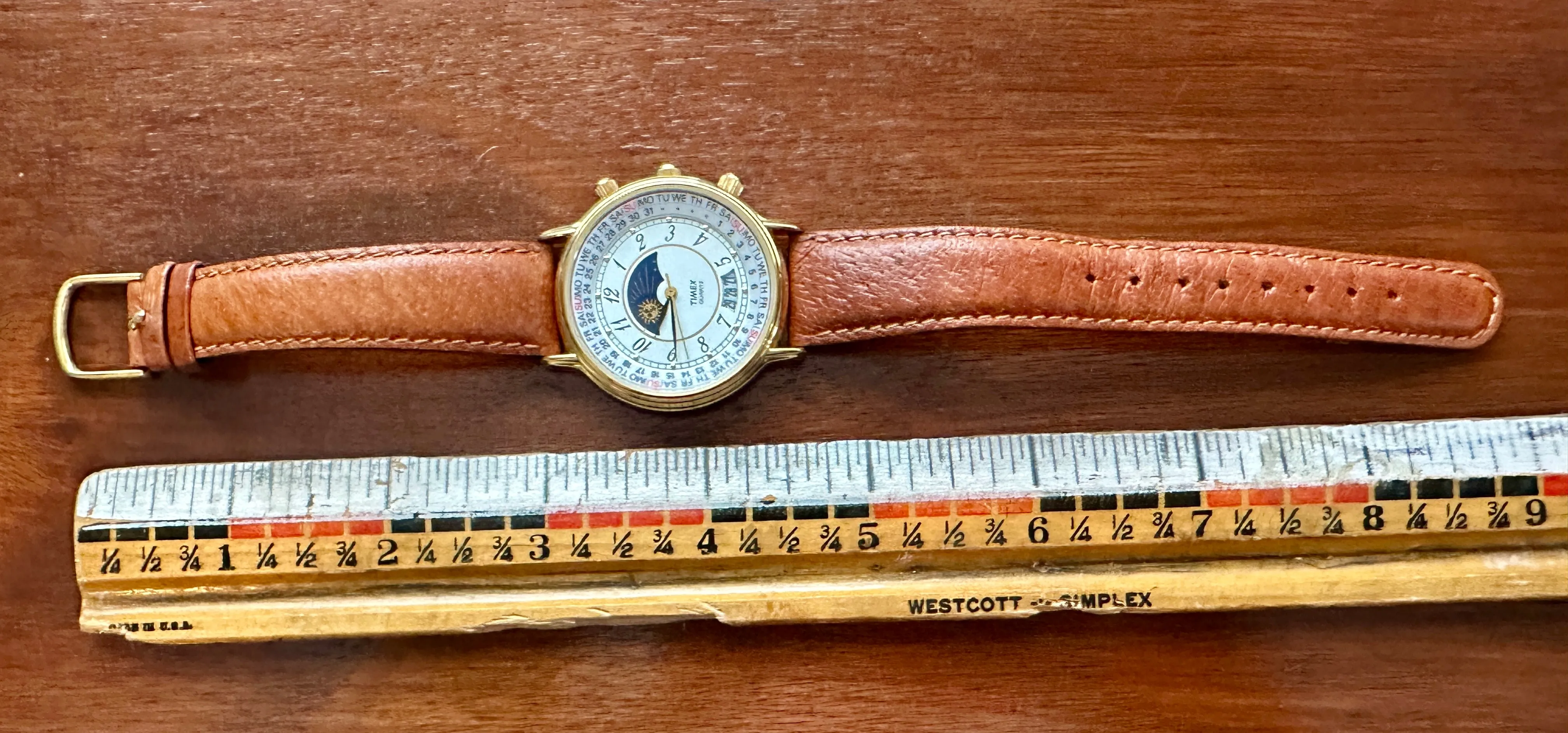 Vintage 90s Timex Quartz Perpetual Calendar Moon Phase Day Date Wristwatch Watch