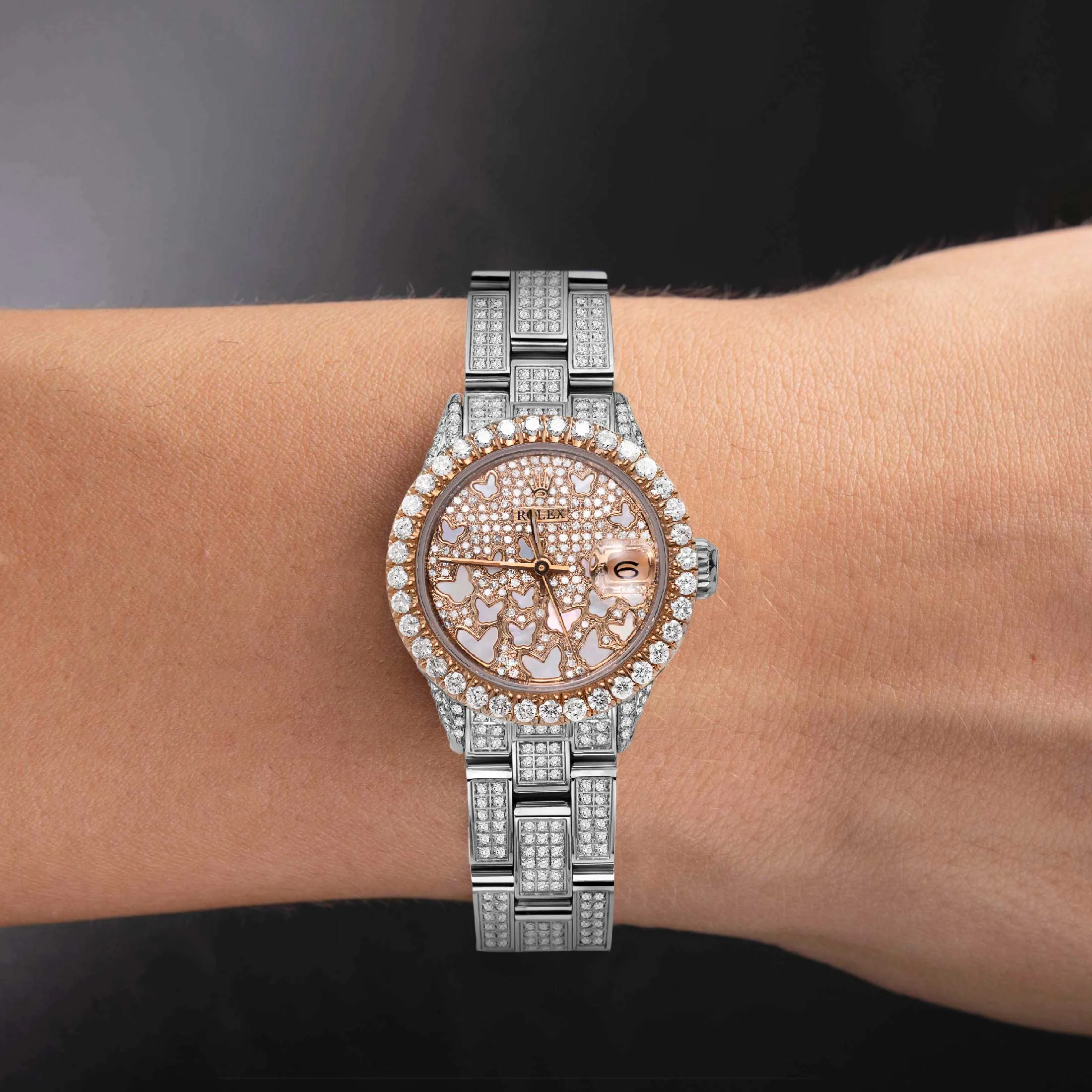 Women's Rolex Datejust Diamond Bezel Watch 26mm Rose Butterfly Dial | 7.30ct