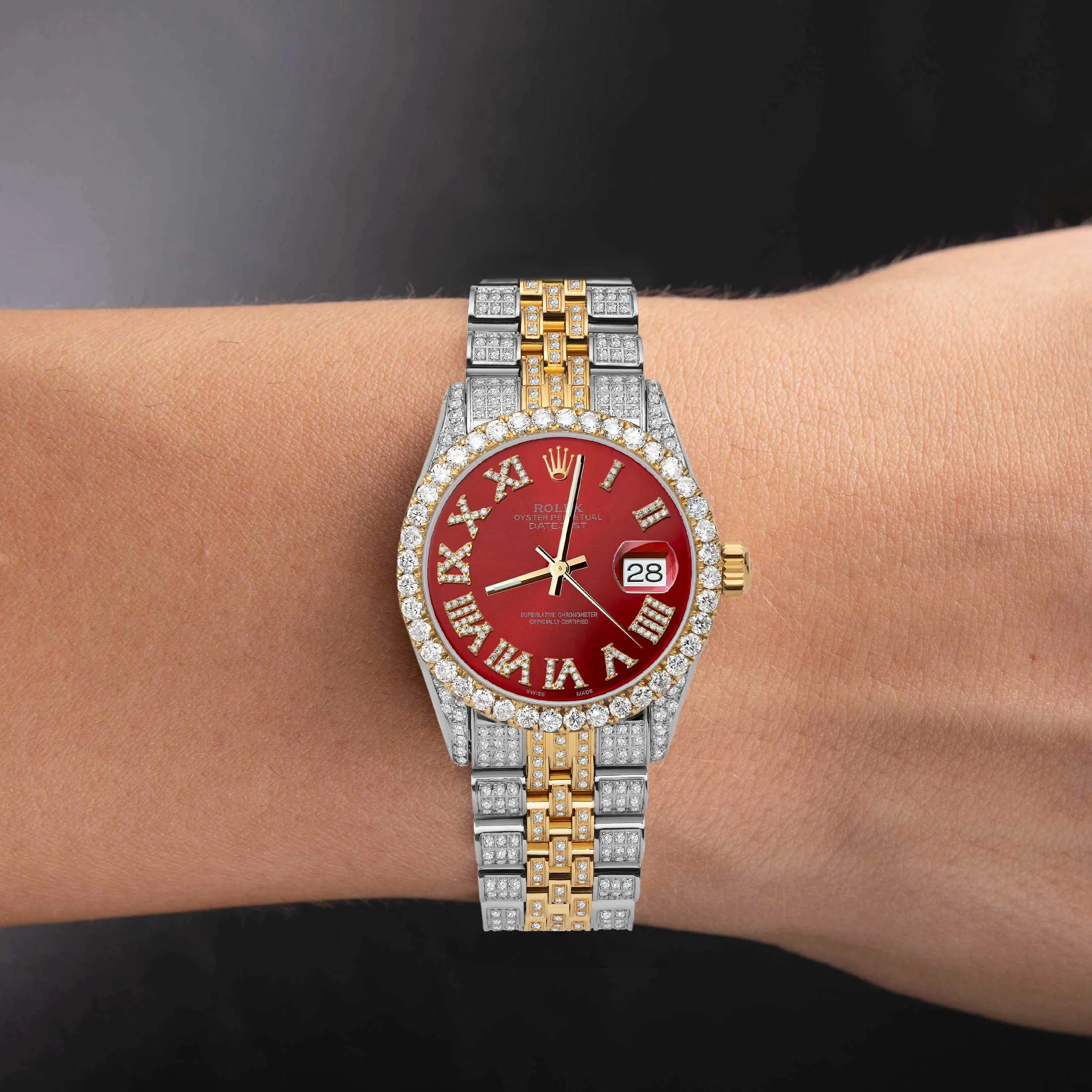 Women's Rolex Datejust Diamond Bezel Watch 31mm Red Roman Dial | 6.80ct