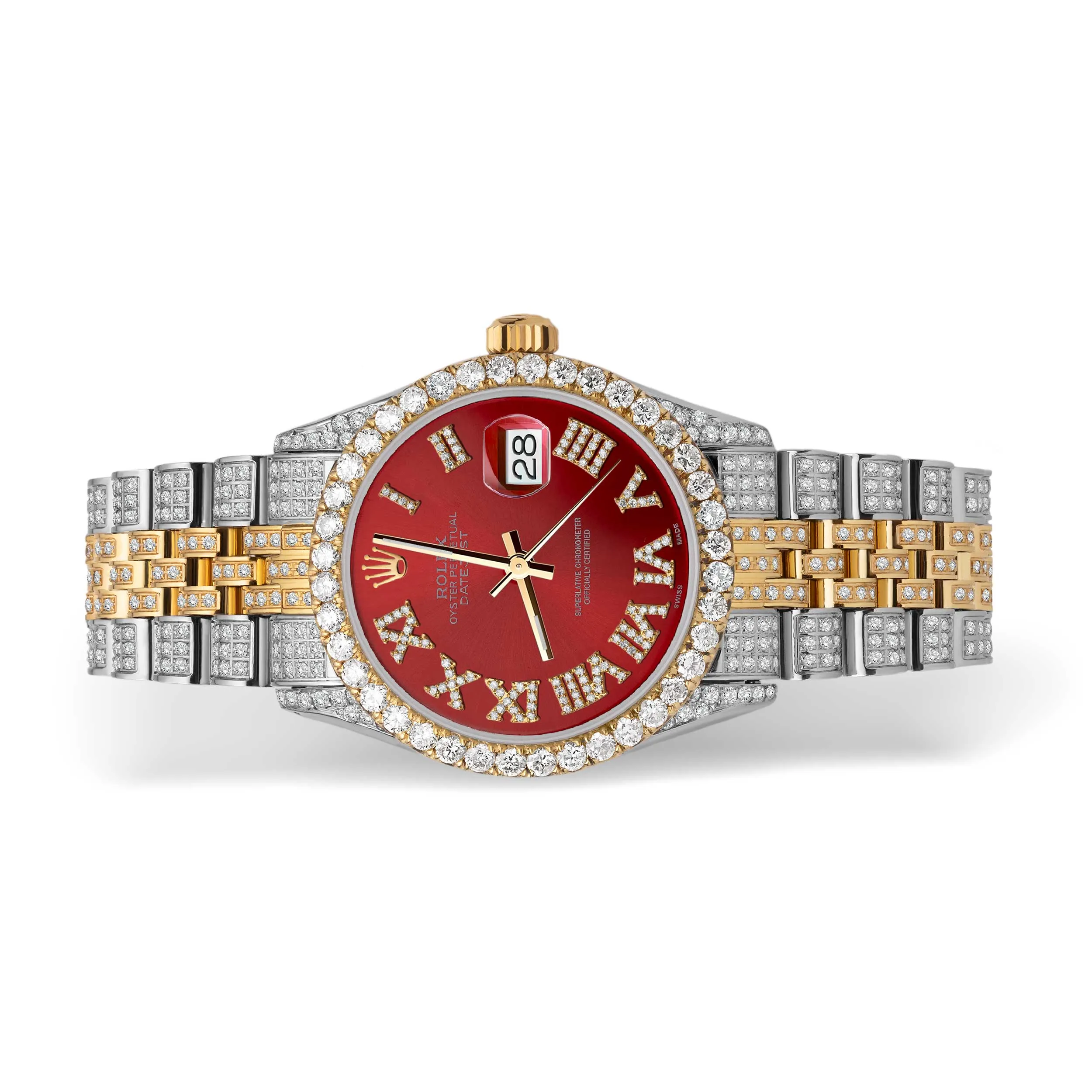 Women's Rolex Datejust Diamond Bezel Watch 31mm Red Roman Dial | 6.80ct